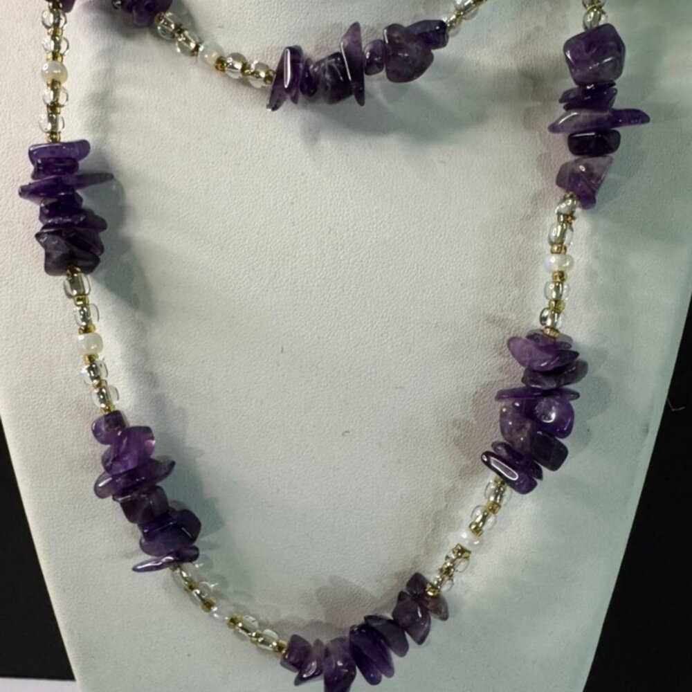 NWOT Beautiful & Stylish Handmade Amethyst Nugget & Bead Pattern 28" Necklace - Picture 5 of 11